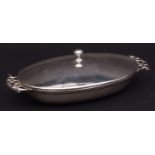 Modern electroplated two handled serving dish of oval form, with pull off cover and cast and applied