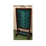 William IV fire screen with green rose decorated panel, pull-up screen with brass top handle,