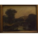 19th Century English School, oil on panel, Mountain river landscape with figure, 9 x 12 ins