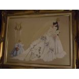 Gilt framed modern embroidered picture of a bride and groom with a young bridesmaid, 29ins x 23ins