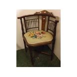 Edwardian mahogany and inlaid corner chair with decorative floral inlaid back splat and