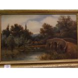 J G Allen, signed and dated 94, oil on canvas, River landscape with figures angling from a bridge,