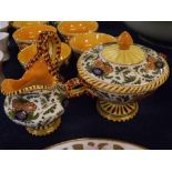 Italian Majolica tea set comprising a teapot with serpent handle, foliage body, together with six