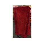 Pair of red velvet curtains, 6ft 9ins x 10ft 10ins wide