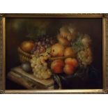 John Park, signed modern oil, Still Life study of mixed fruit in a basket on a marble ledge, 11 x
