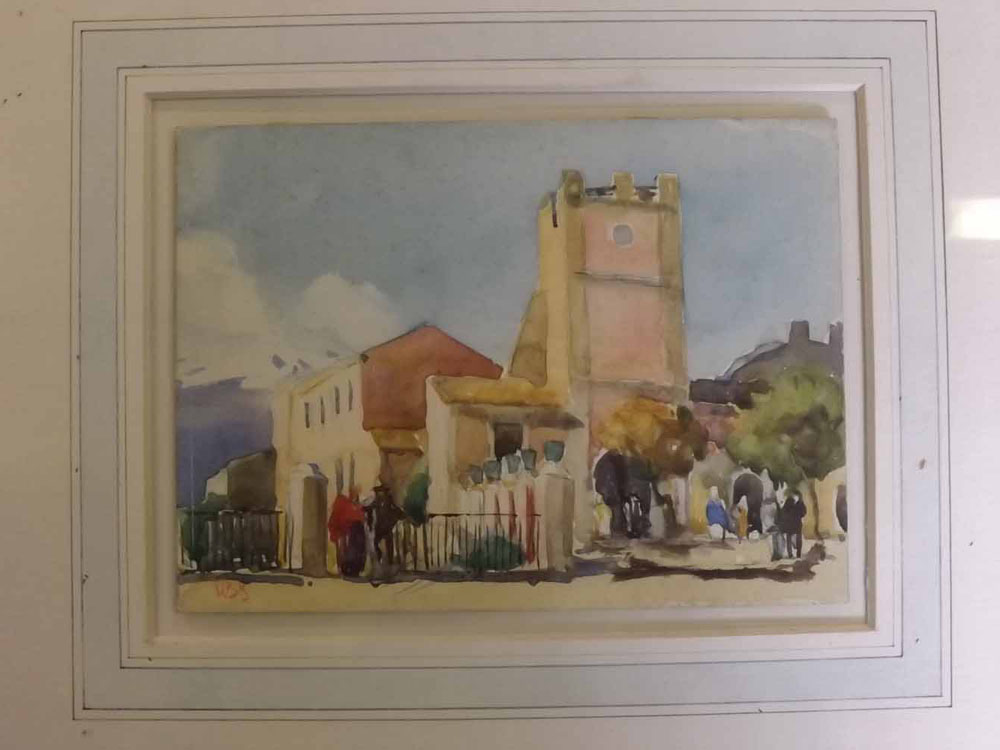 HBB, initialled watercolour, Figures before a church, 5 x 7ins