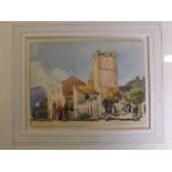 HBB, initialled watercolour, Figures before a church, 5 x 7ins
