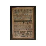 Mid-19th century gauze backed sampler by Hannah Baker aged 9 years, dated September 15th 1842,