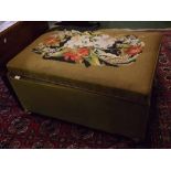 Victorian mahogany ottoman with floral embroidered top, raised on four turned bun feet, 37ins x