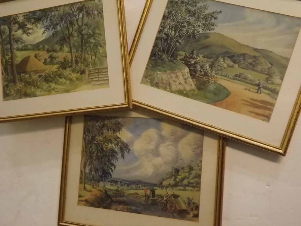 Unsigned group of three watercolours, Landscapes including road widening near Kings Somborne,