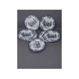 Set of six blue printed Johnson Brothers Hanley Limited plates of coaching scenes, measuring 10ins