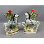 Pair of reproduction Staffordshire flat back zebras (with hairline), 7ins tall