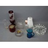 Mixed Lot: glasswares to include a brass lidded inkwell, ruby glass and plated mounted preserve pot,