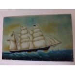 Early 20th century reverse painting on glass, three-masted ship at sea, 12 x 19ins, unframed