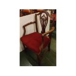 19th century mahogany armchair with pierced splat back, red Dralon upholstered seat on tapering