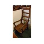 Elm hard seated mahogany framed armchair with ladder back and turned front legs, 23ins wide x