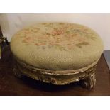 19th Century gilt wood circular stool with embroidered top on 3 scrolling legs (A/F), 14ins diameter