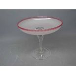 19th century tazza with clear faceted stem, an opaque bowl with a cranberry flash cut rim, 8ins diam