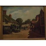 J Fullwood, signed, oil on canvas, Village scene, 13 x 17ins