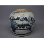 19th century Oriental ginger jar with blue printed scene (lacking lid), 7ins tall