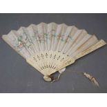 20th century Oriental bone and silk fan with pierced decoration with painted floral and humming bird