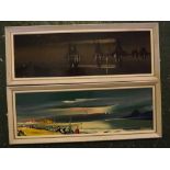 George R Deakins, signed pair of oils on board, Moonlit scene and one other, 6 x 18ins (2)