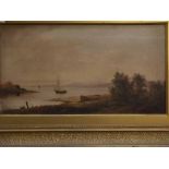 E W Britton, signed oil on canvas, Lakeland scene with fishing boat, 9 x 17ins