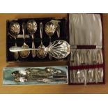 Box of six EPNS forks together with a further boxed Yeomans EPNS scalloped dessert spoons and