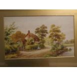 E Hamilton, signed pair of watercolours, Figures before country cottages, 10 x 17ins (2)