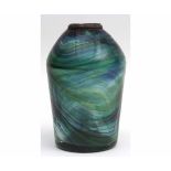 Iridescent glass container applied with a base metal rim (possibly former lamp base), and