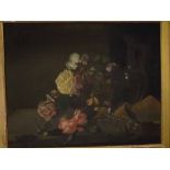 Unsigned oil on canvas, Still Life study of mixed flowers in a glass vase with glove, scissors etc