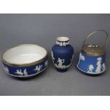 Wedgwood Jasperware blue ground biscuit barrel with silver plated lid, raised classical figures,