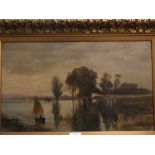 Indistinctly signed pair of oils on canvas, Surlingham Broad and Horning Ferry, 12 x 20ins (a/f) (2)