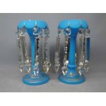 Pair of 19th century blue glass fluted lustres with decorative painted design with prismatic