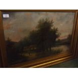 R Gallon, indistinctly signed oil on canvas, Country landscape with figure, 18 x 28ins