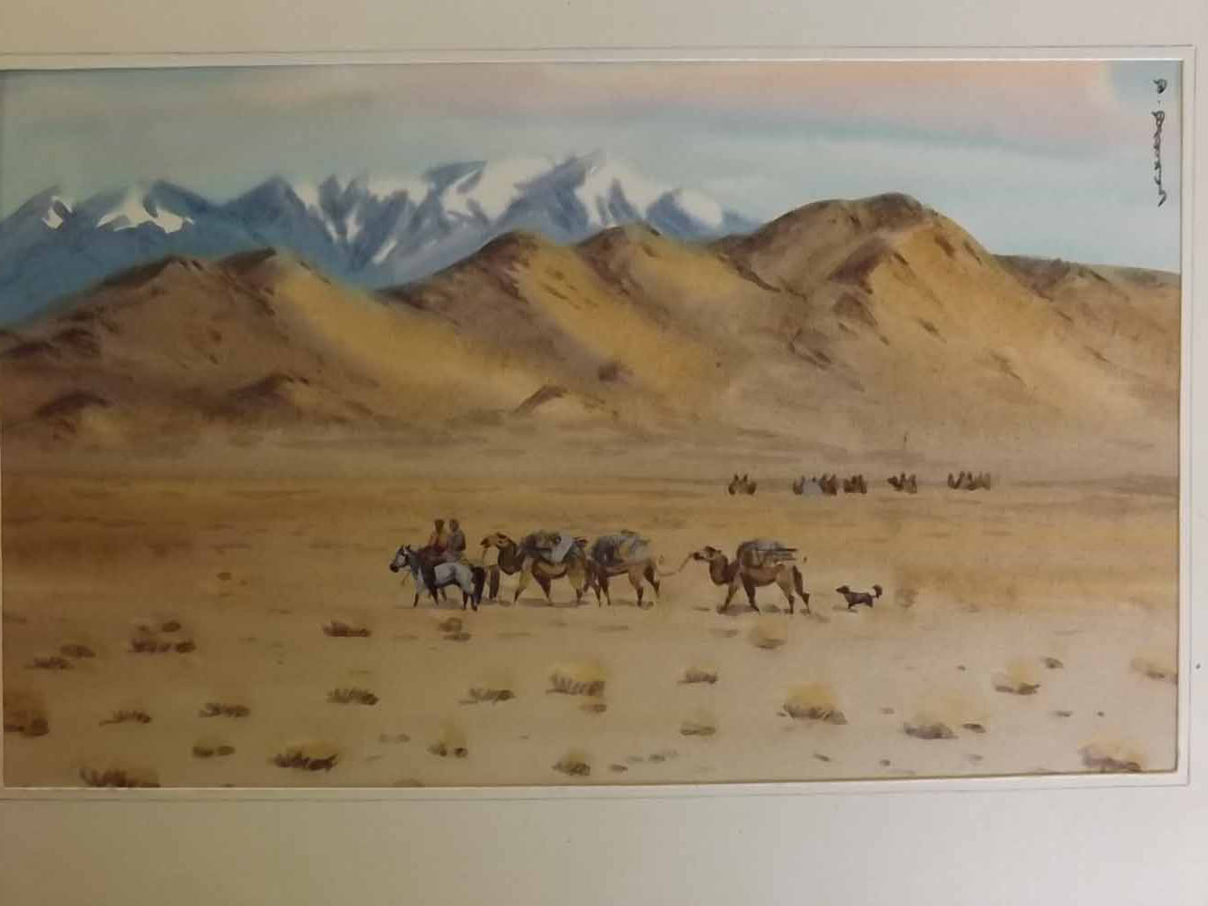 Indistinctly signed watercolour, Middle Eastern scene with figures and camels, 5 x 9ins, together - Image 2 of 3