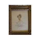19th Century English School, watercolour, Head and shoulders portrait of a lady, 6 x 5ins
