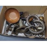 Box containing mixed ebonised handles, silver plated candle sconces, snuffer etc