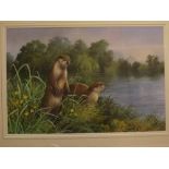Neil Cox, signed watercolour, Otters by a rivers edge, 14 x 21ins
