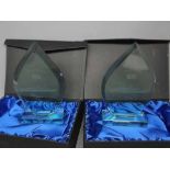 Two boxed crystal Saga Rose engraved trophies in the form of a teardrop, 9 ins tall