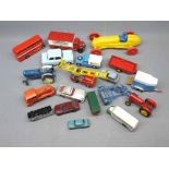 Box of mixed die-cast toy vehicles to include Corgi, Dinky Toy tractor and trailer, Corgi James Bond