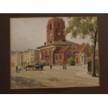 Horace Van Ruith, Town scene with figures, horse and cart before a church and clock tower,