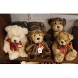 Six assorted Keel teddy bears with decorative ribbons around their necks and with tags (6)