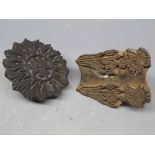 Two carved hardwood printing blocks with top handles, floral detailing (2)