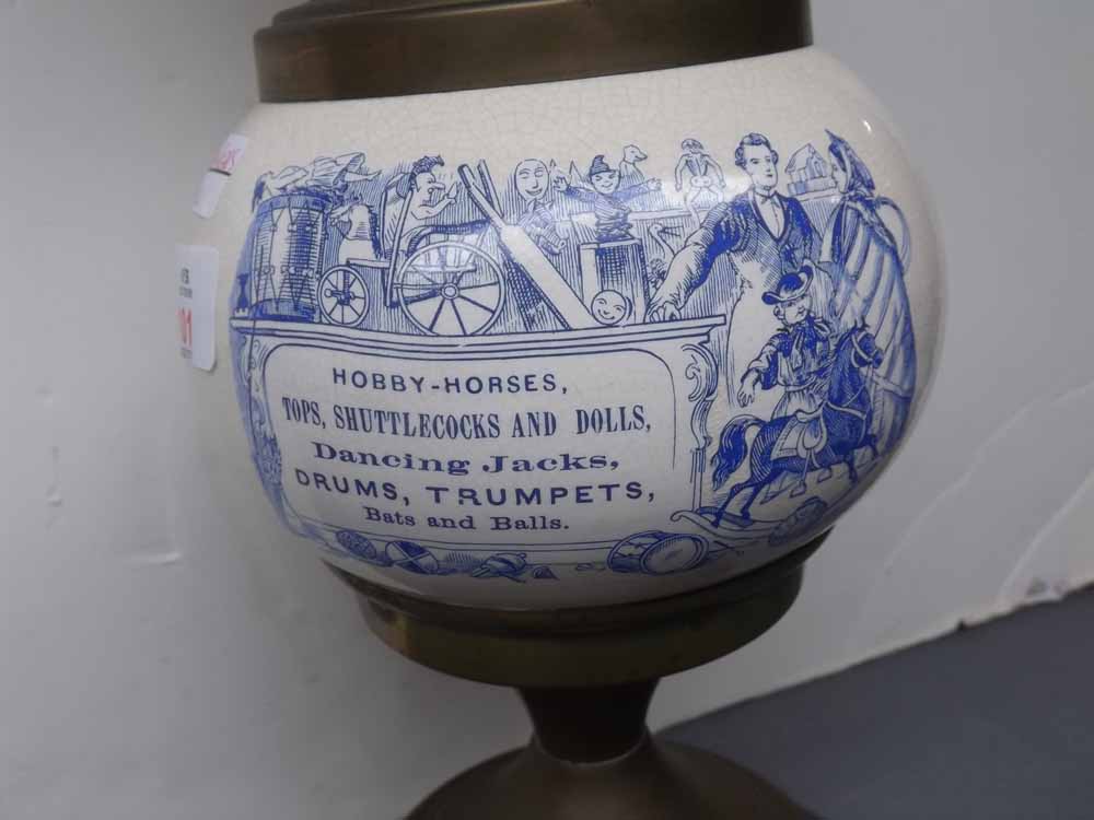 19th century brass oil lamp with blue printed font, inscription "Hobby-Horses, Tops, Shuttlecocks - Image 2 of 2