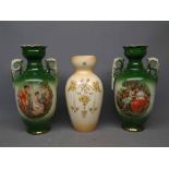 Pair of Victorian green two-handled printed vases with decorative scenes, together with a further