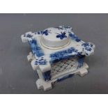 19th century Chinese blue printed inkwell of square form with lattice decoration to sides,