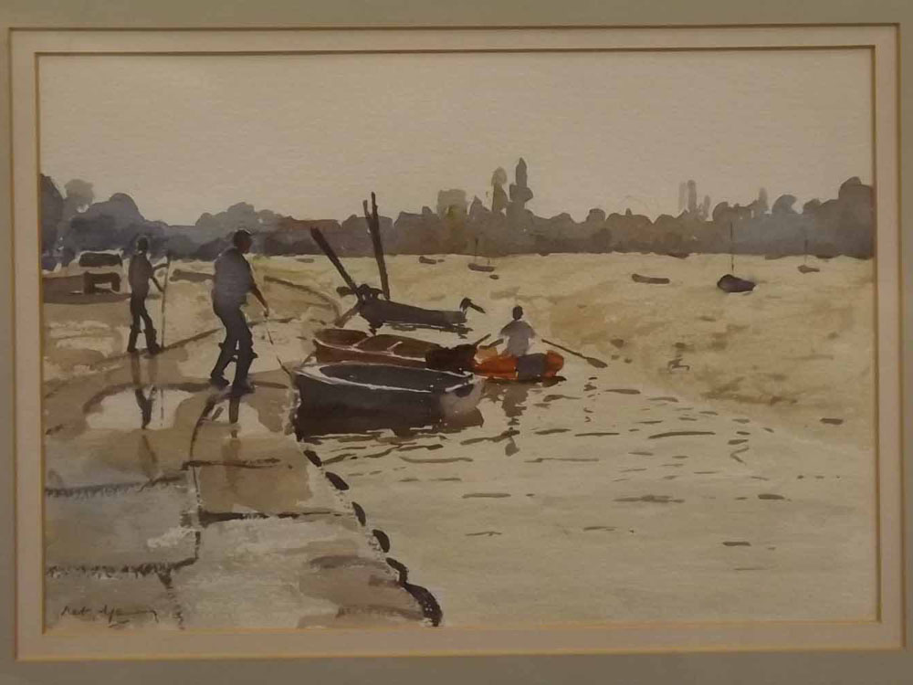 Nat Young, signed watercolour, "Towards Pin Mill", 9 1/2 x 14ins