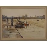 Nat Young, signed watercolour, "Towards Pin Mill", 9 1/2 x 14ins