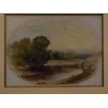 J M Law, signed and dated 1905, oil on milk glass, River landscape, 6 x 8ins